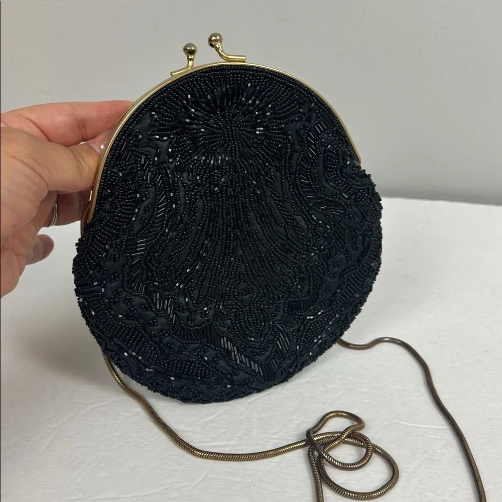 Vintage Black Silk Beaded Kiss Lock Clutch Purse